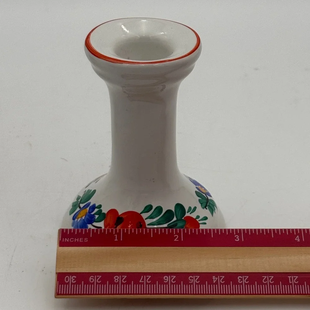 Vintage Hand Painted Hungary Folk Art Ceramic Candlestick Holders Set of 2 White